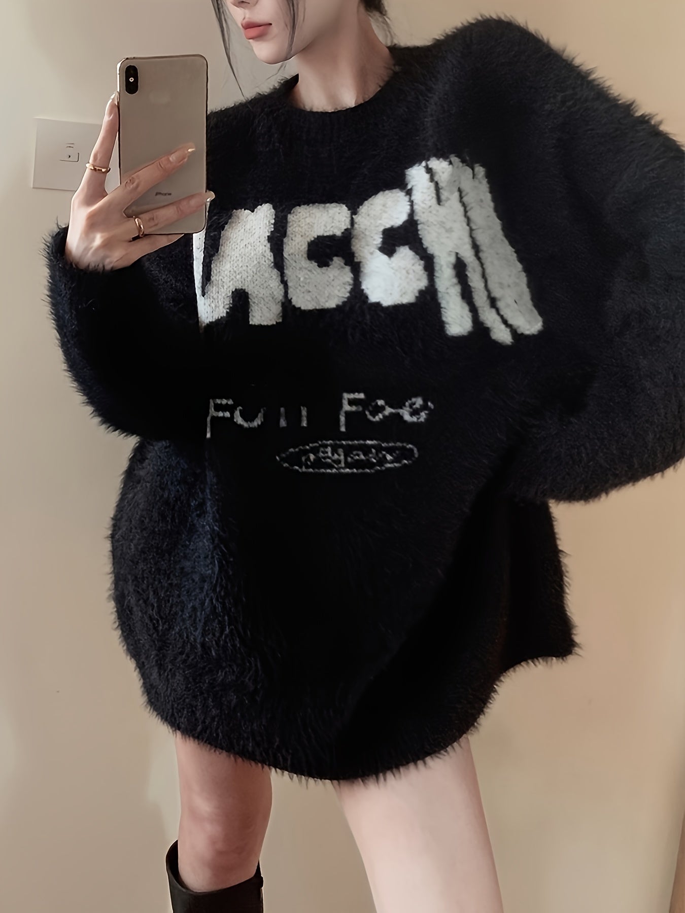 Antmvs Letter Pattern Crew Neck Fleece Sweater, Vintage Long Sleeve Oversized Pullover Sweater, Women's Clothing
