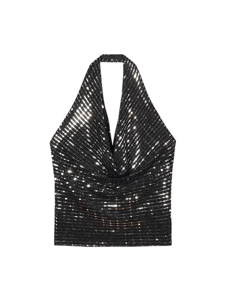 Antmvs Pamela Black & Silver Sequin Halter Neck Shiny Cropped Top