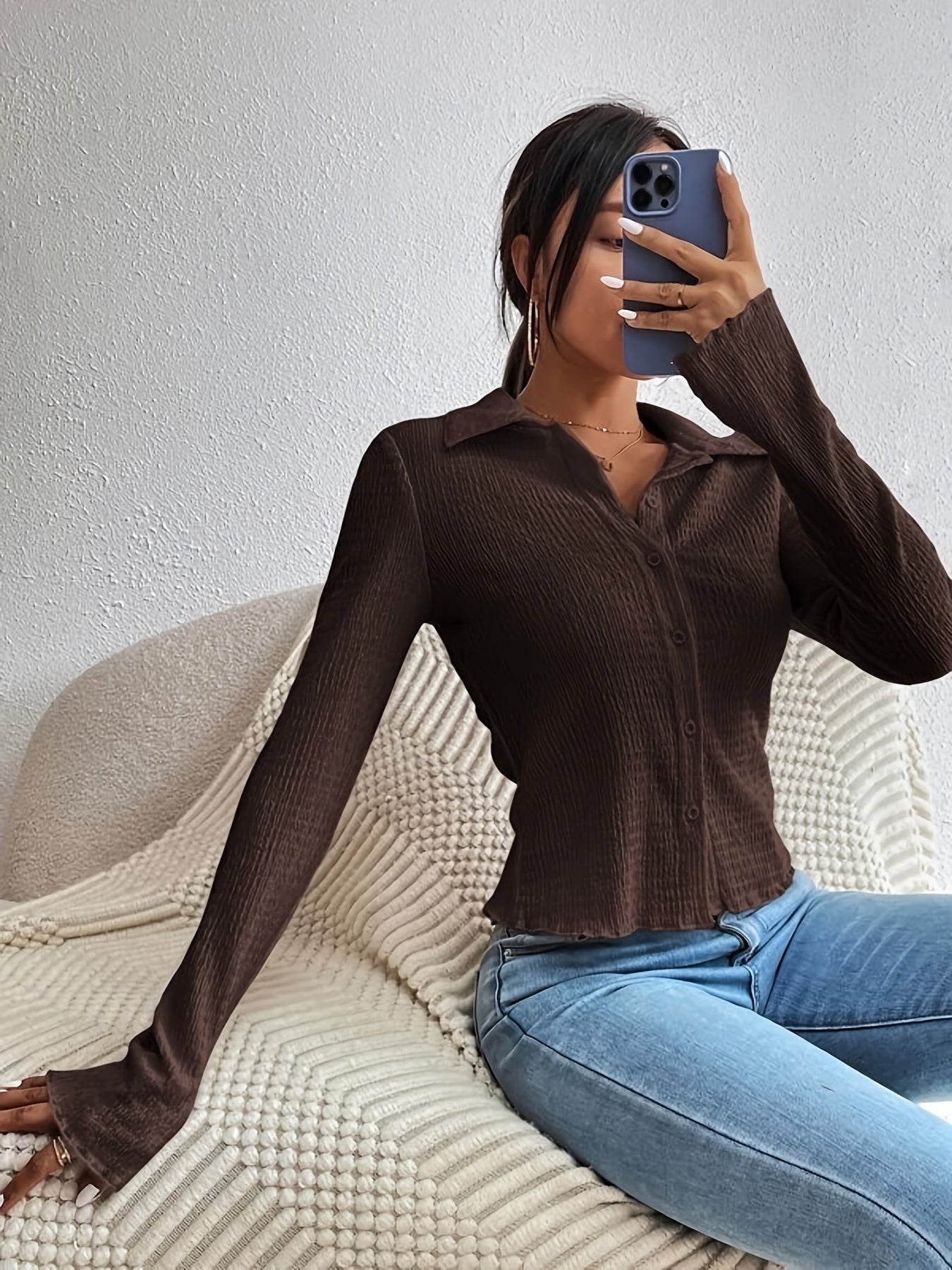 Antmvs Textured Button Front Collared Blouse, Casual Long Sleeve Top For Spring & Fall, Women's Clothing