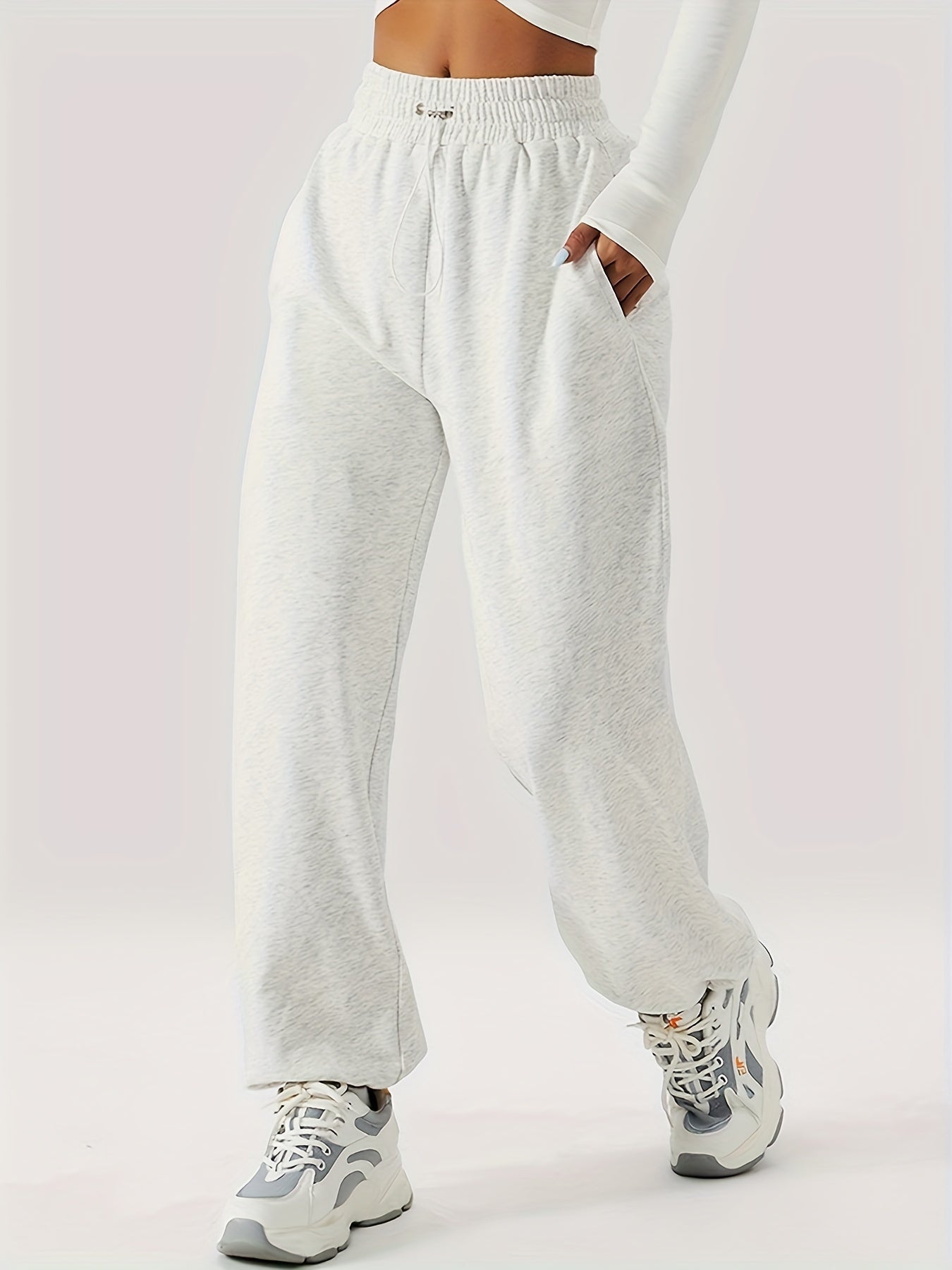 Antmvs Drawstring Elastic Waist Casual Sports Pants With Pocket, Comfortable Solid Color Sweatpants, Women's Athleisure