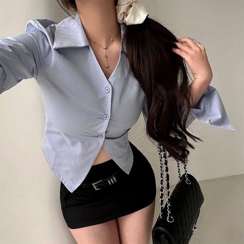 Antmvs Kiara Solid Color Lapels Long Sleeve Office Shirt Top
