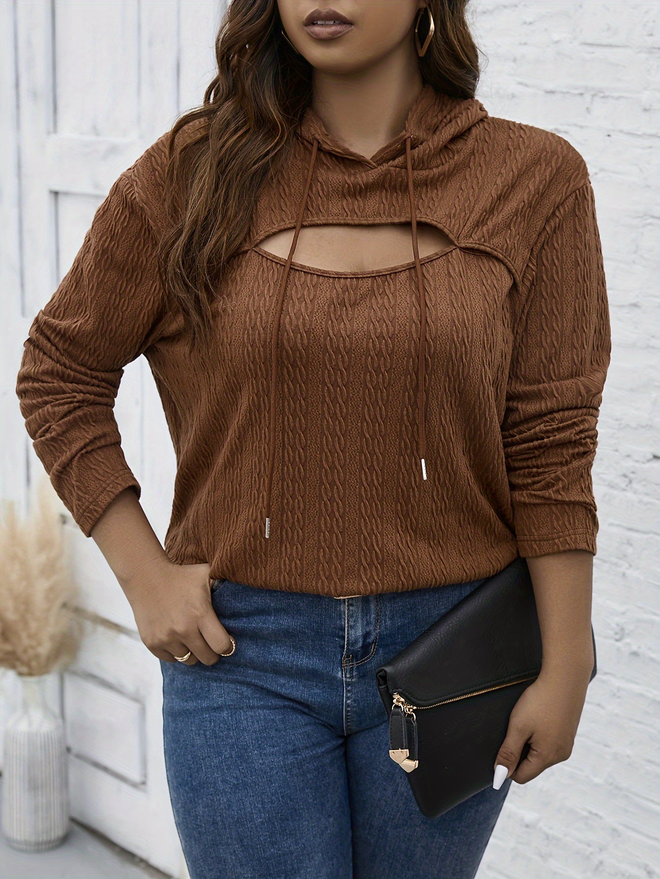 Antmvs Plus Size Sexy Sweatshirt, Women's Plus Solid Textured Cut Out Front Long Sleeve Drawstring Hooded Pullover Sweatshirt, Casual Tops For Fall & Winter, Plus Size Women's Clothing