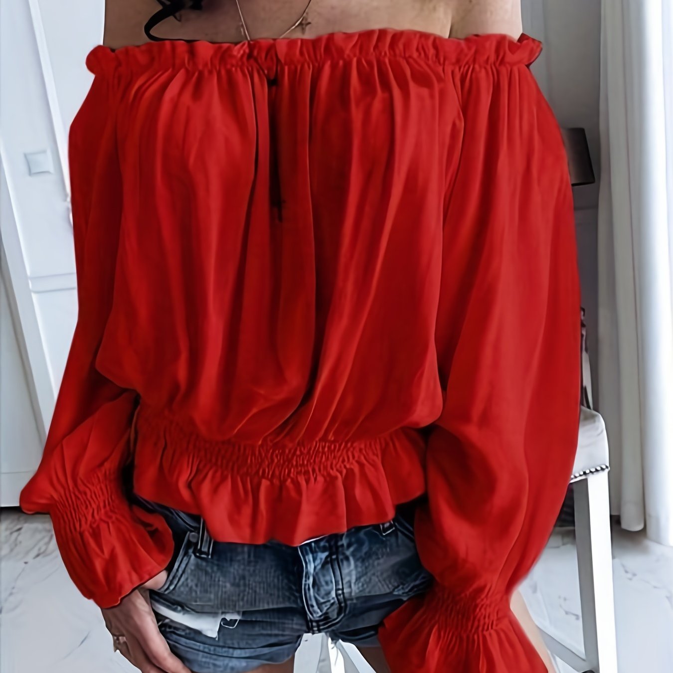 Antmvs Off Shoulder Ruffle Trim Blouse, Casual Long Sleeve Blouse For Spring & Fall, Women's Clothing