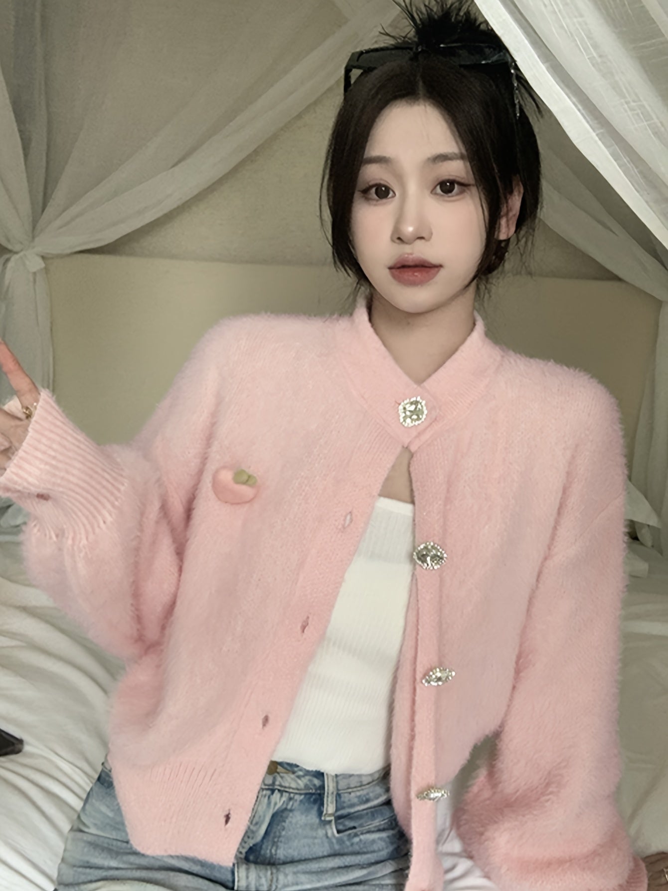Antmvs Solid Plush Button Up Knit Cardigan, Casual Long Sleeve Soft Cozy Sweater, Women's Clothing