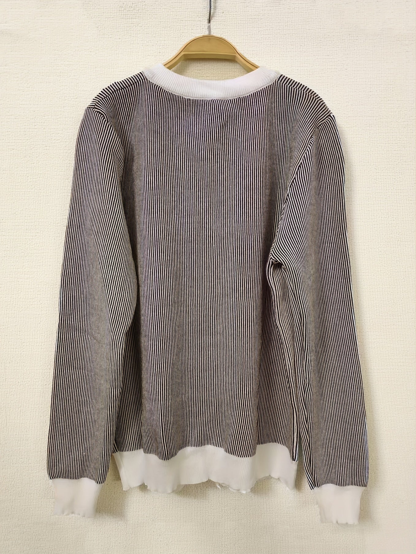 Antmvs Striped Button Up Knit Cardigan, Vintage Long Sleeve Crew Neck Sweater With Pocket, Women's Clothing