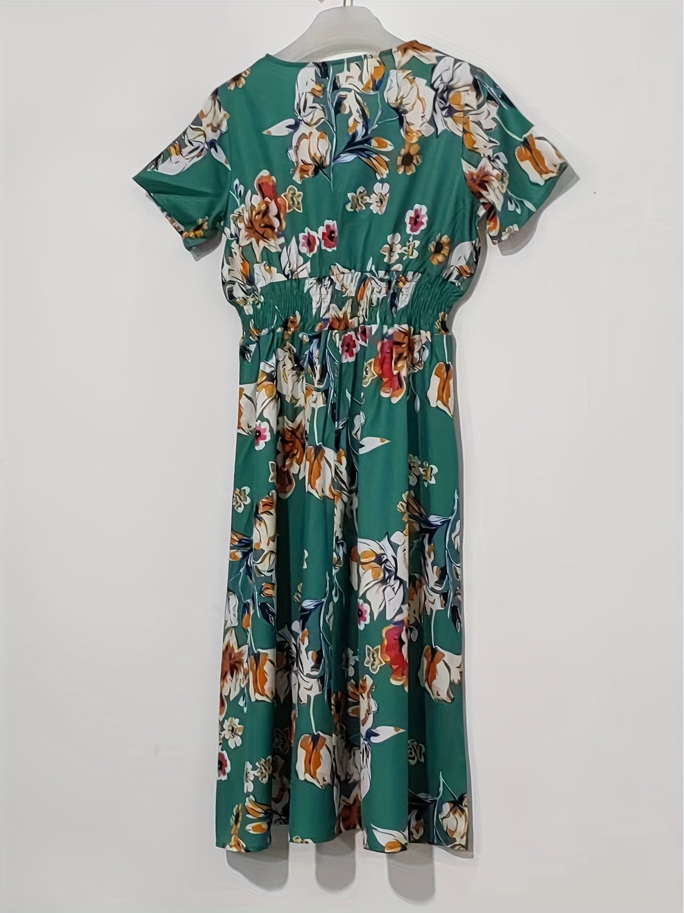 Antmvs Floral Print Surplice Neck Dress, Boho Short Sleeve Shirred Waist Dress, Women's Clothing