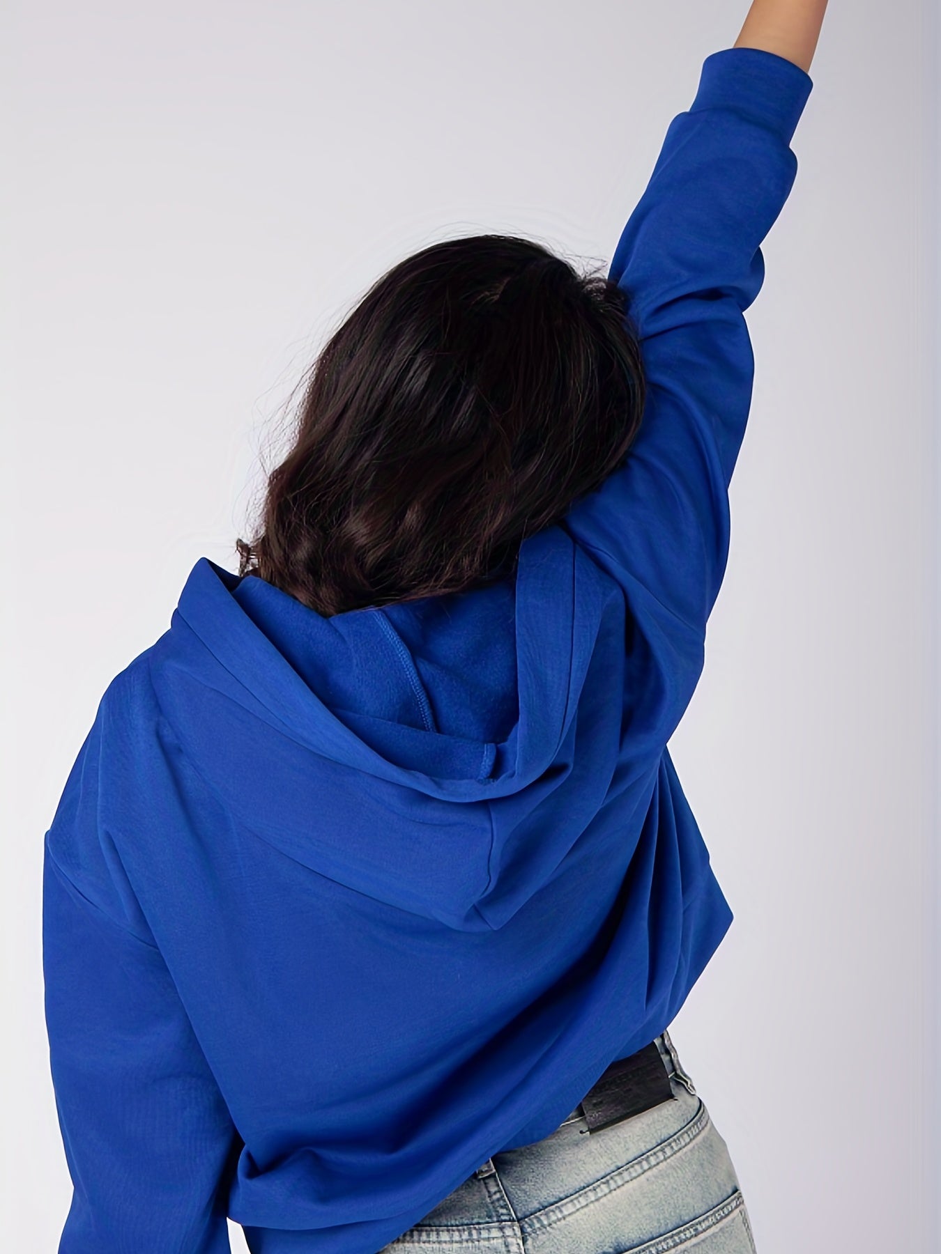 Antmvs Plus Size Casual Sweatshirt, Women's Plus Solid Long Sleeve Slight Stretch Drawstring Hoodie With Pockets