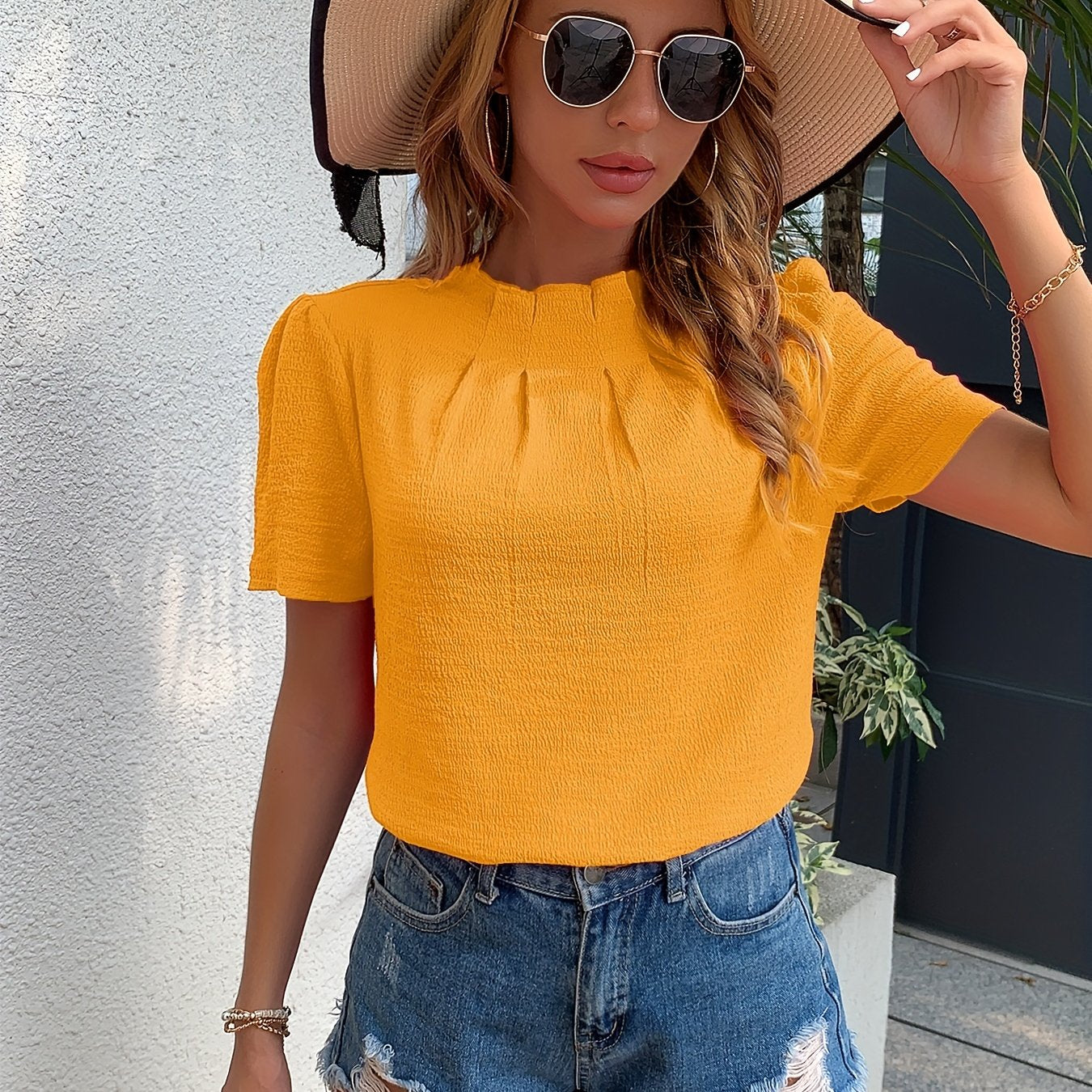 Antmvs Ruched Keyhole Blouse, Elegant High Neck Keyhole Short Sleeve Blouse, Women's Clothing