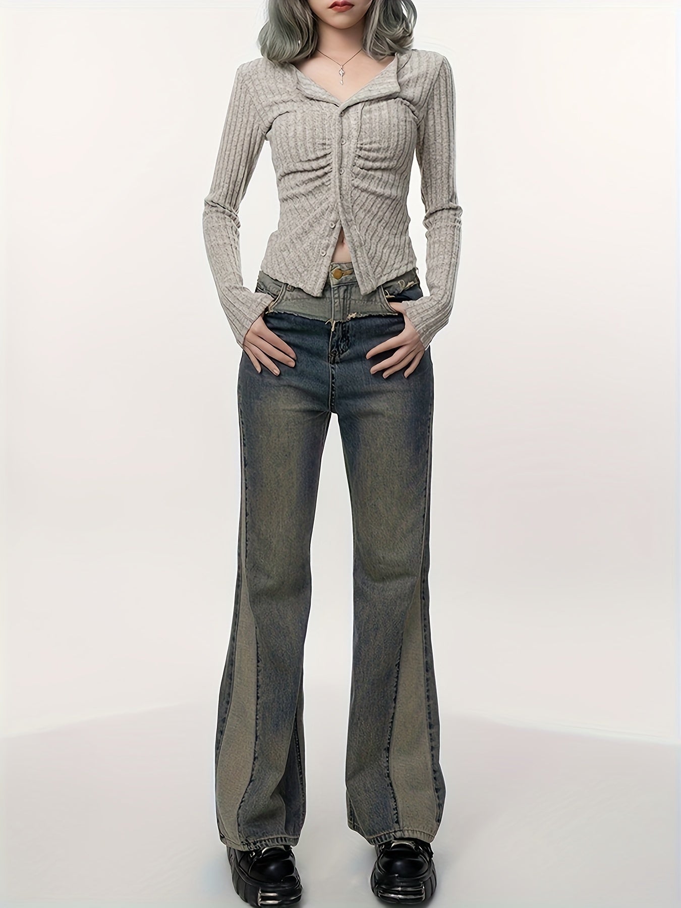 Antmvs Long Sleeve Ribbed T-Shirt, Casual Button Up Top For Spring & Fall, Women's Clothing