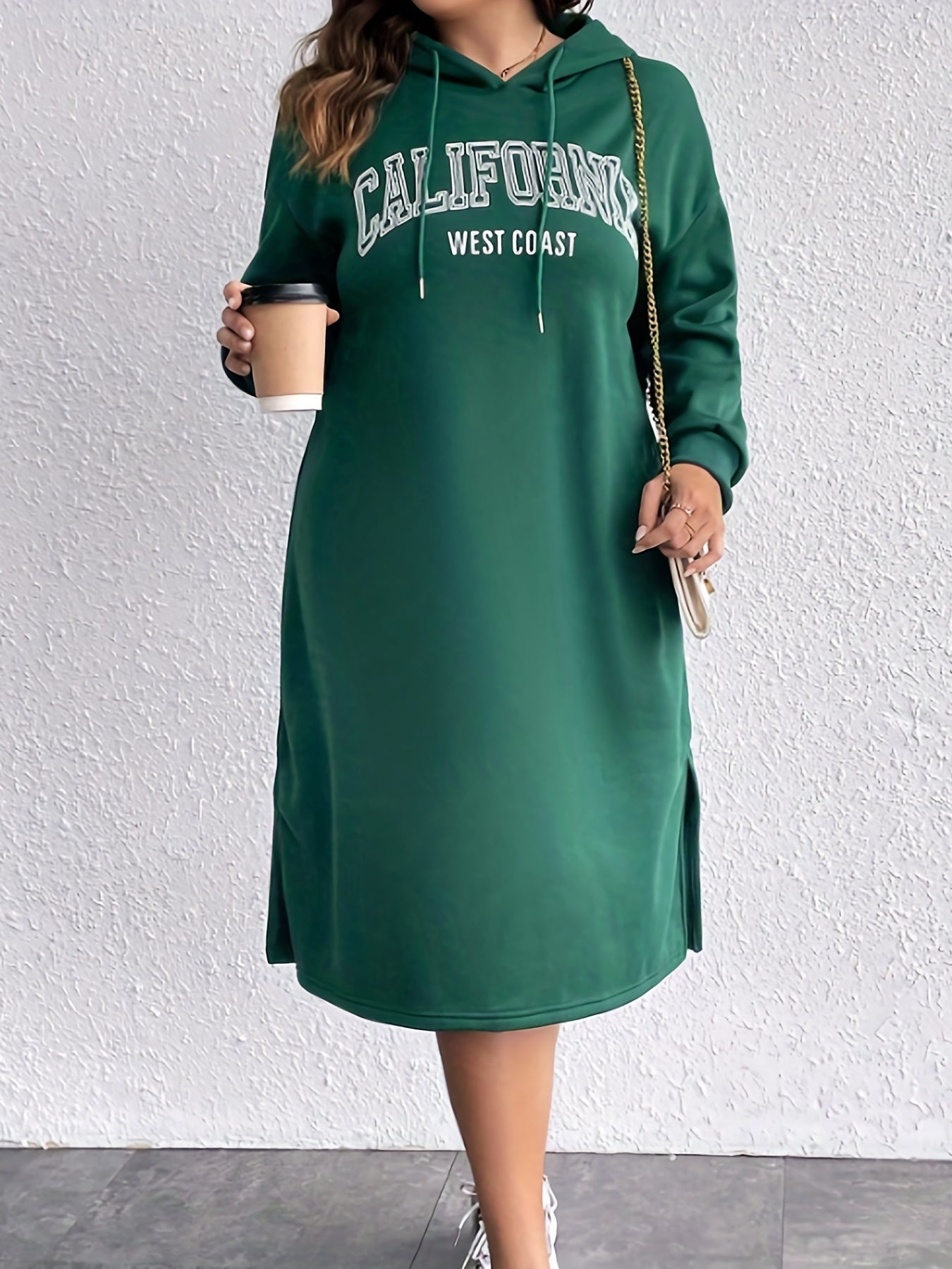 Antmvs Plus Size Casual Hoodie Dress, Women's Plus Letter Print Long Sleeve Drawstring Split Hoodie Dress