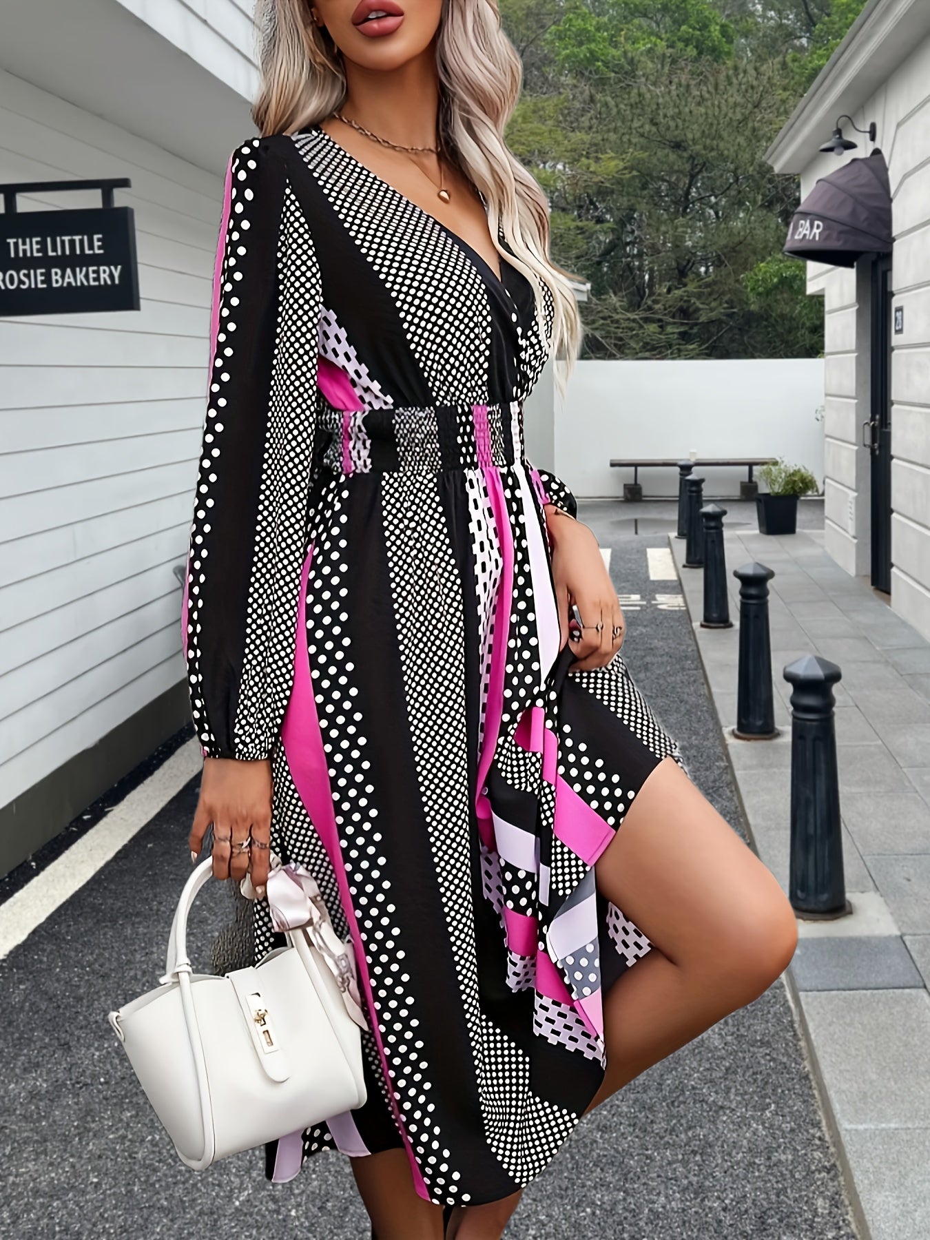 Antmvs Striped Print Shirred Waist Dress, Casual V Neck Long Sleeve Dress, Women's Clothing