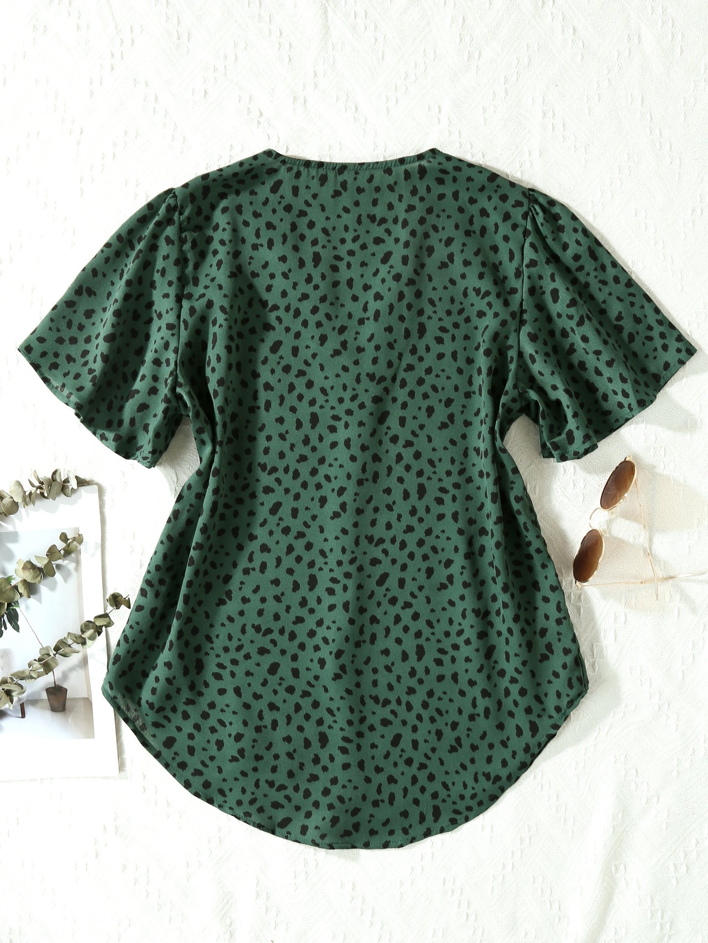 Antmvs Dalmatian Print V Neck Blouse, Elegant Short Sleeve Blouse For Spring & Summer, Women's Clothing