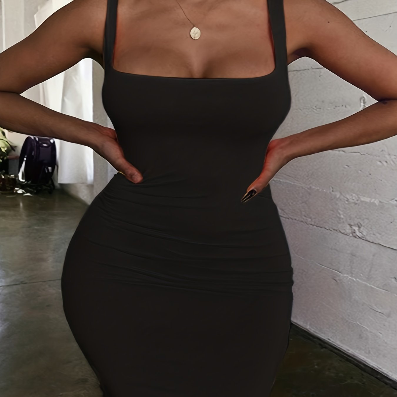 Antmvs Plus Size Sexy Dress, Women's Plus Plain Square Neck Medium Stretch Bodycon Tank Dress