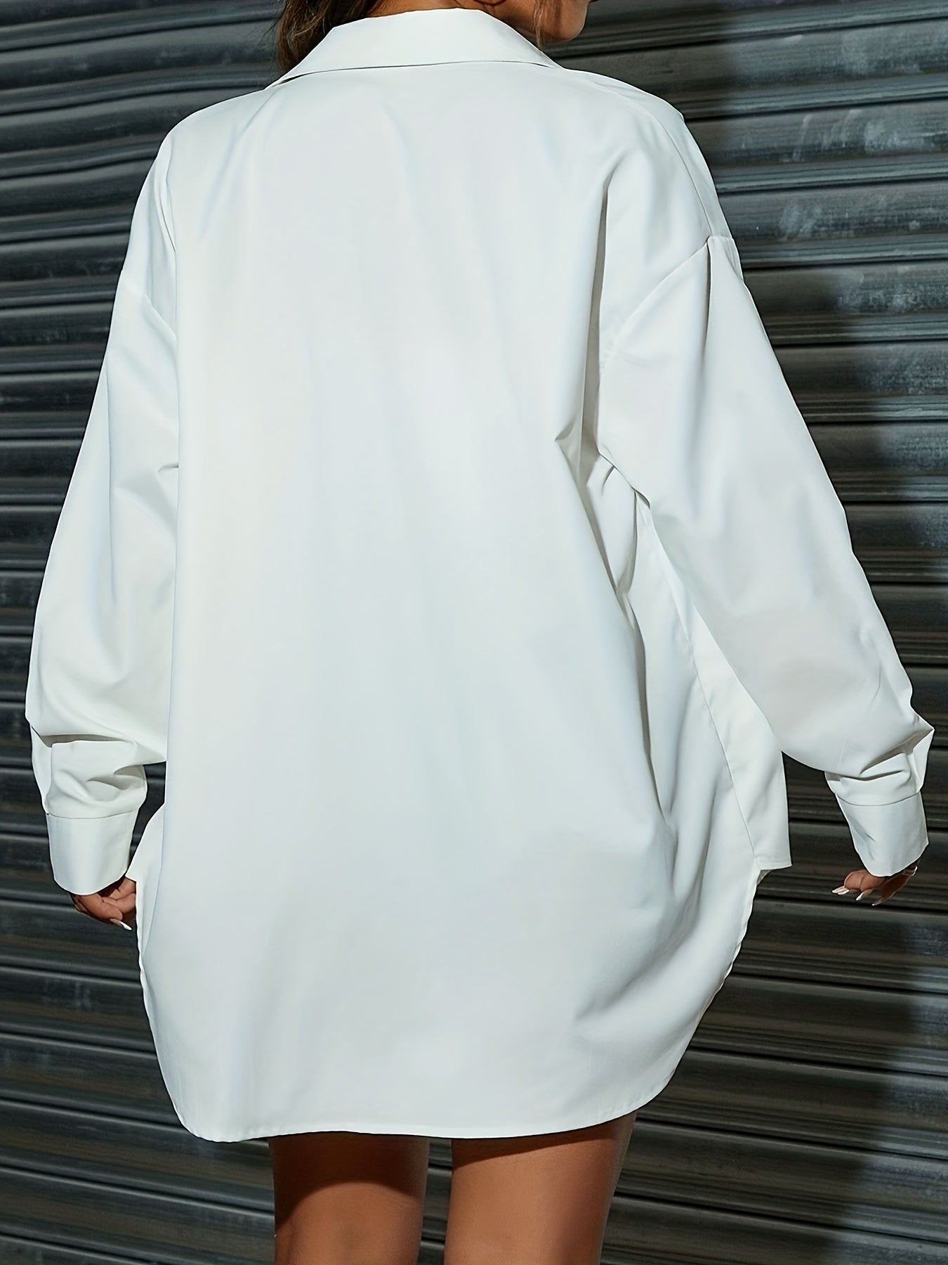 Antmvs Solid Button Down Long Sleeve Oversized T-Shirts, Casual Every Day Top, Women's Clothing