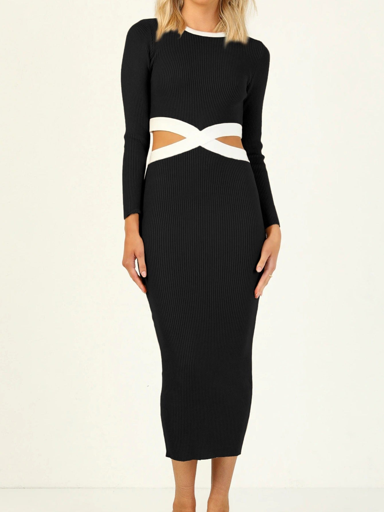 Antmvs Women's Sweater Round Neck Solid Color Fashion Sexy Cut Out Rib Long Sleeve Bodycon Sweater Dress