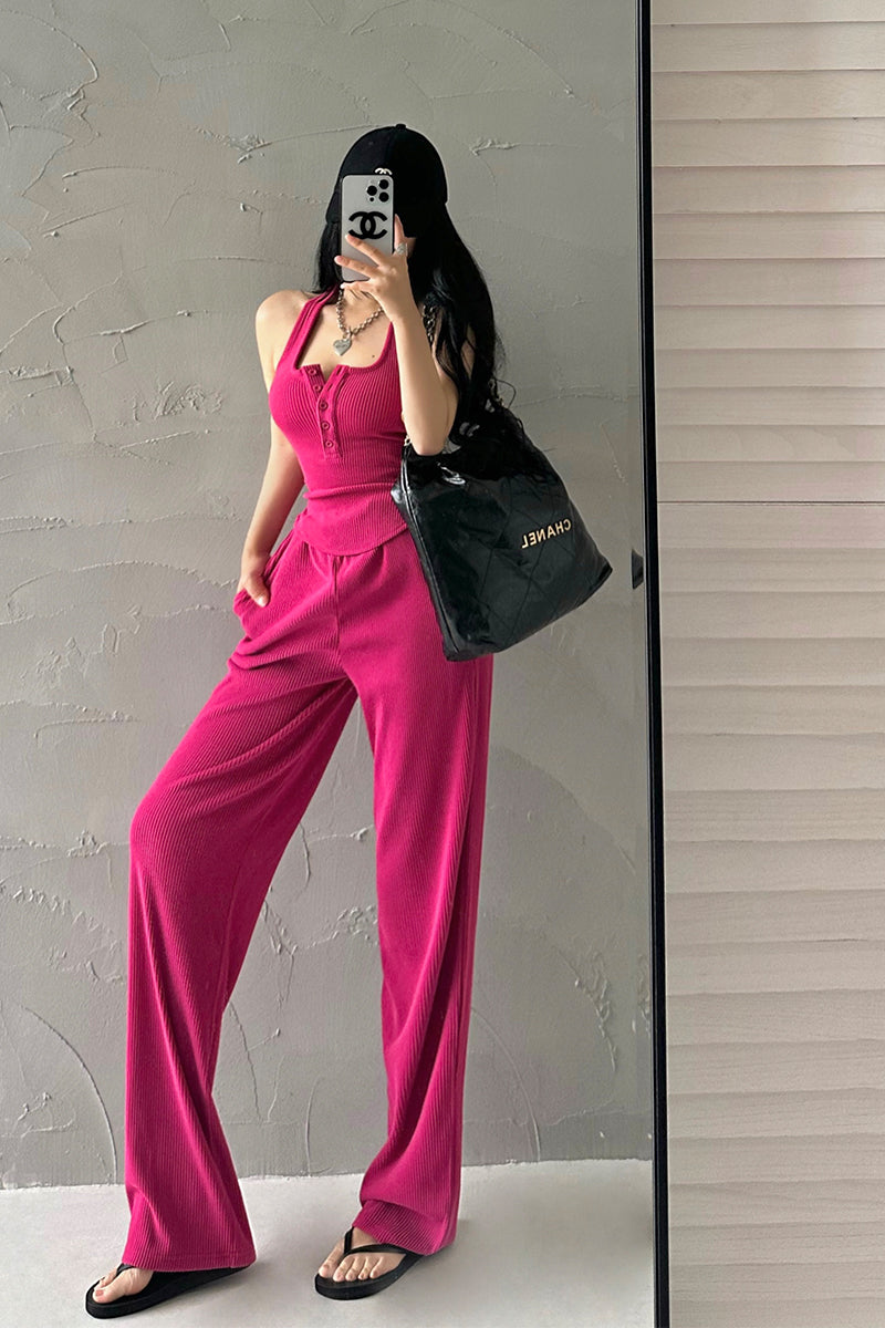 Antmvs Lia Solid Color Square Neck Wide Strap Ribbed Top + High Waist Straight Leg Pants Matching Set