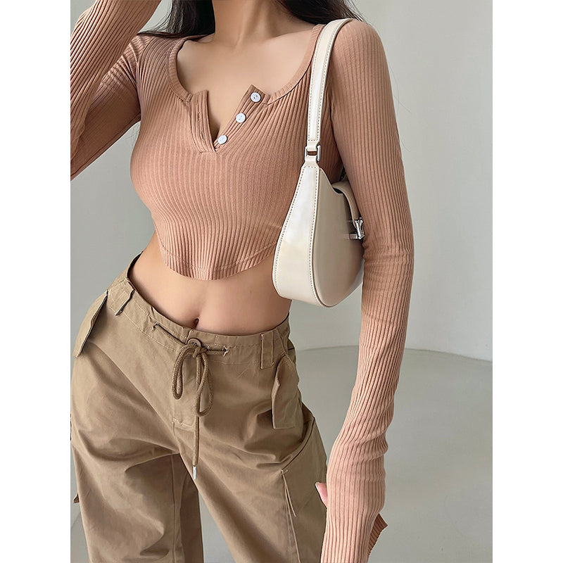 Antmvs Olivia Solid Color Button Up Long Sleeve Ribbed Slim Cropped Top