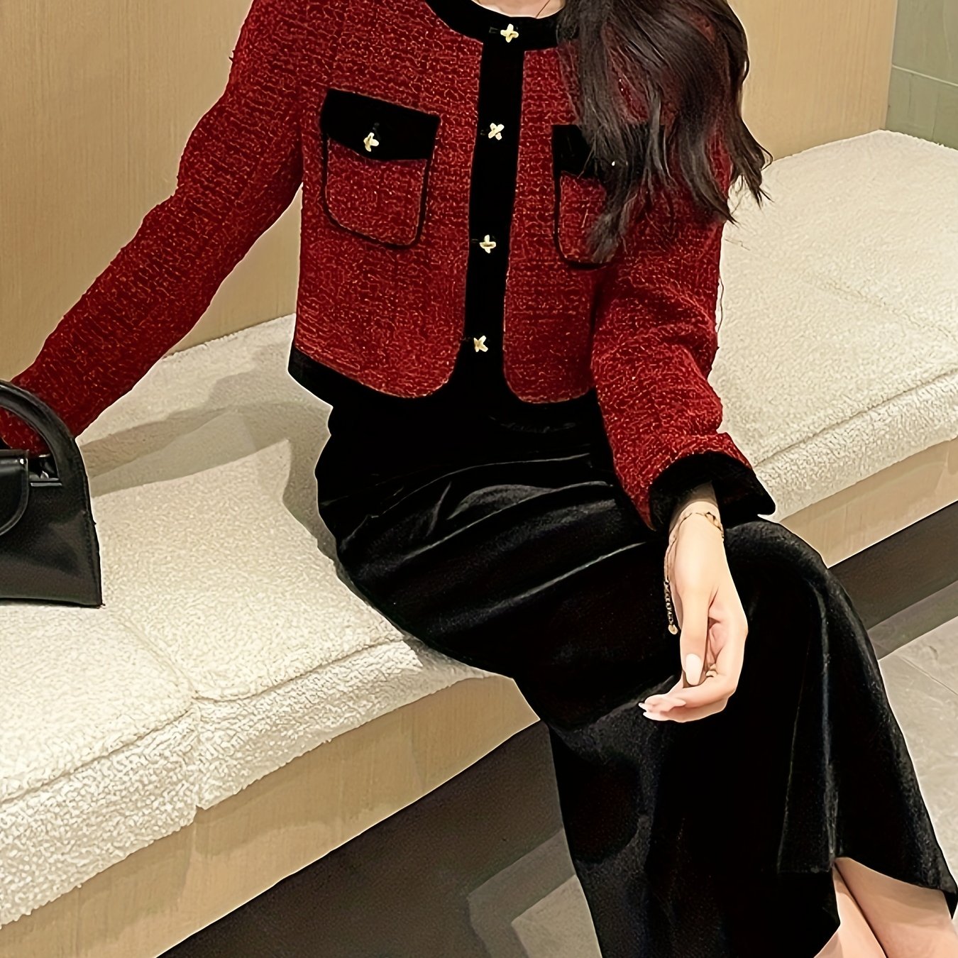 Antmvs Elegant Work Two-piece Set, Button Front Long Sleeve Tops & Solid Split Skirts Outfits, Women's Clothing