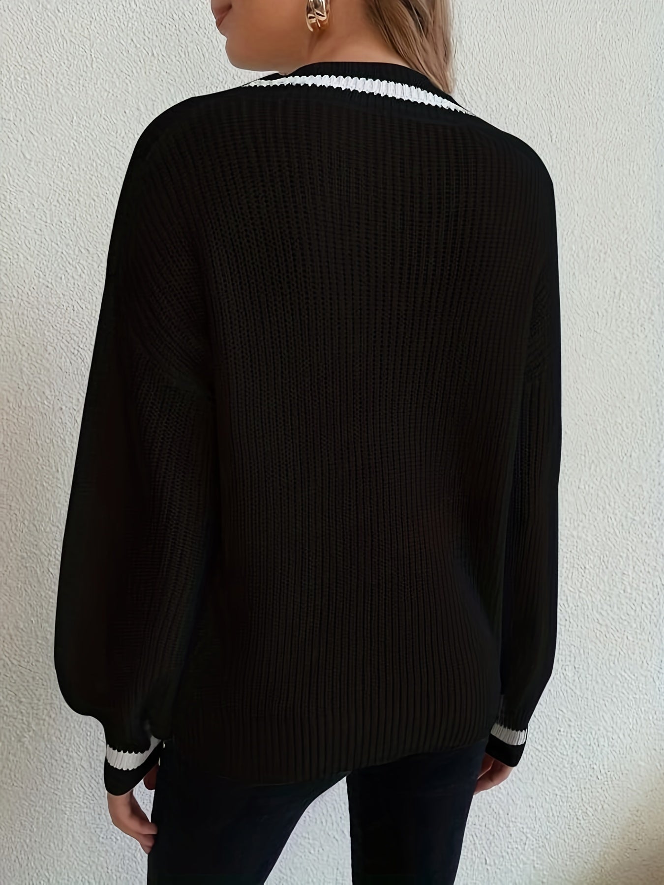 Antmvs Preppy Color Block Pullover Sweater, Casual Long Sleeve V Neck Sweater For Spring & Fall, Women's Clothing