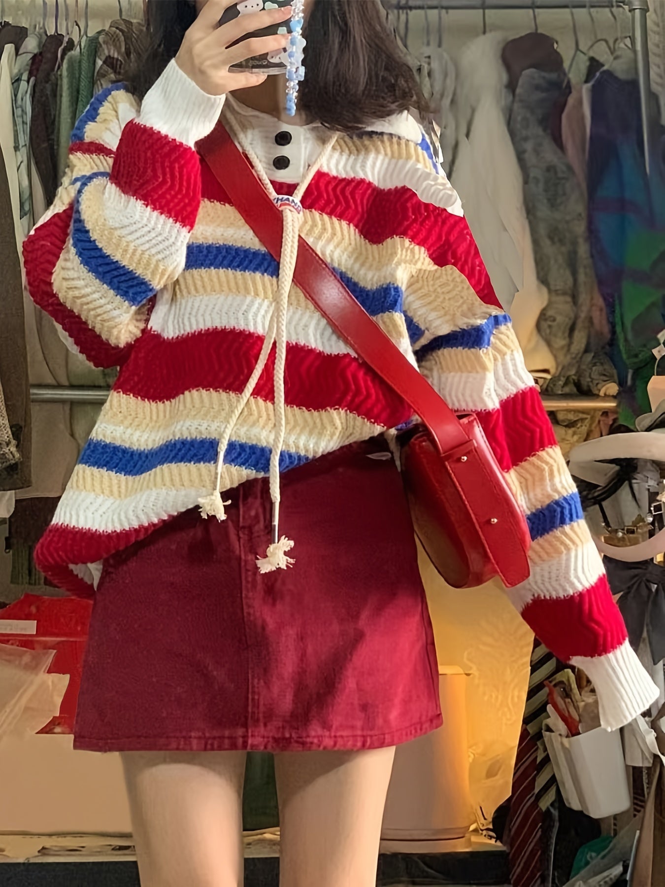 Antmvs Striped Button Front Knit Sweater, Cute Long Sleeve Pullover Sweater For Fall & Winter, Women's Clothing
