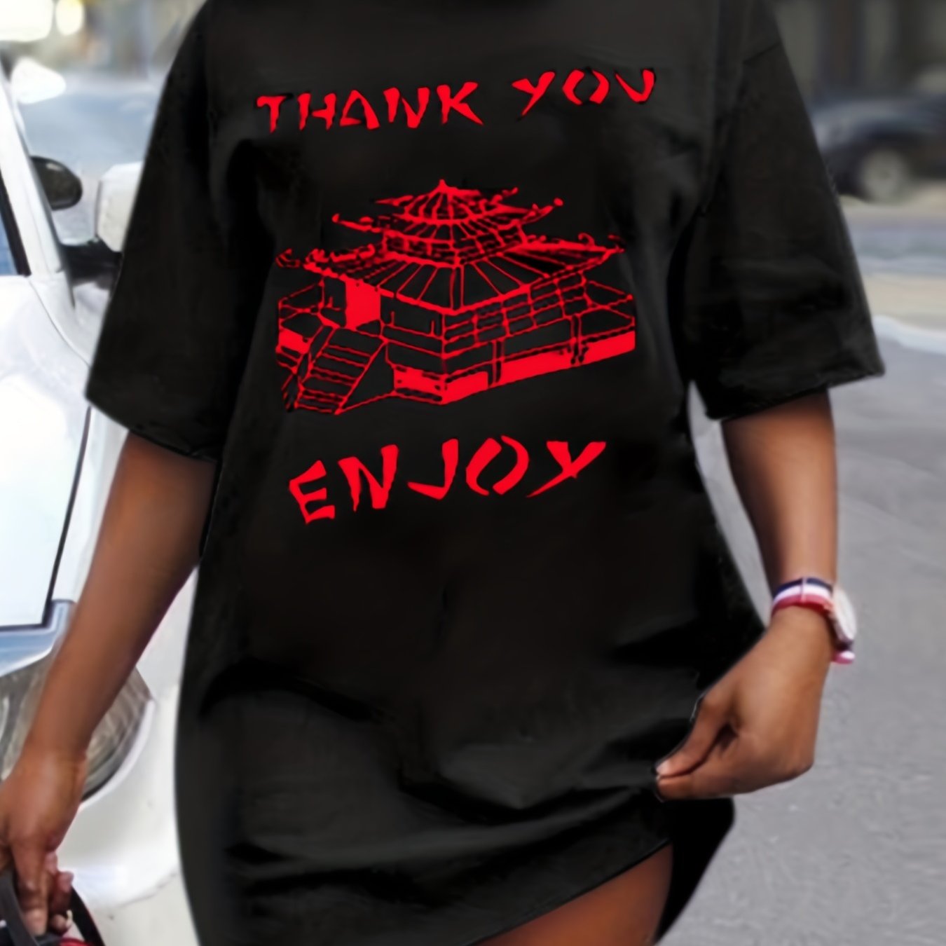 Antmvs Plus Size Casual Tee Dress, Women's Plus Building & Letter Print Short Sleeve Round Neck Dress