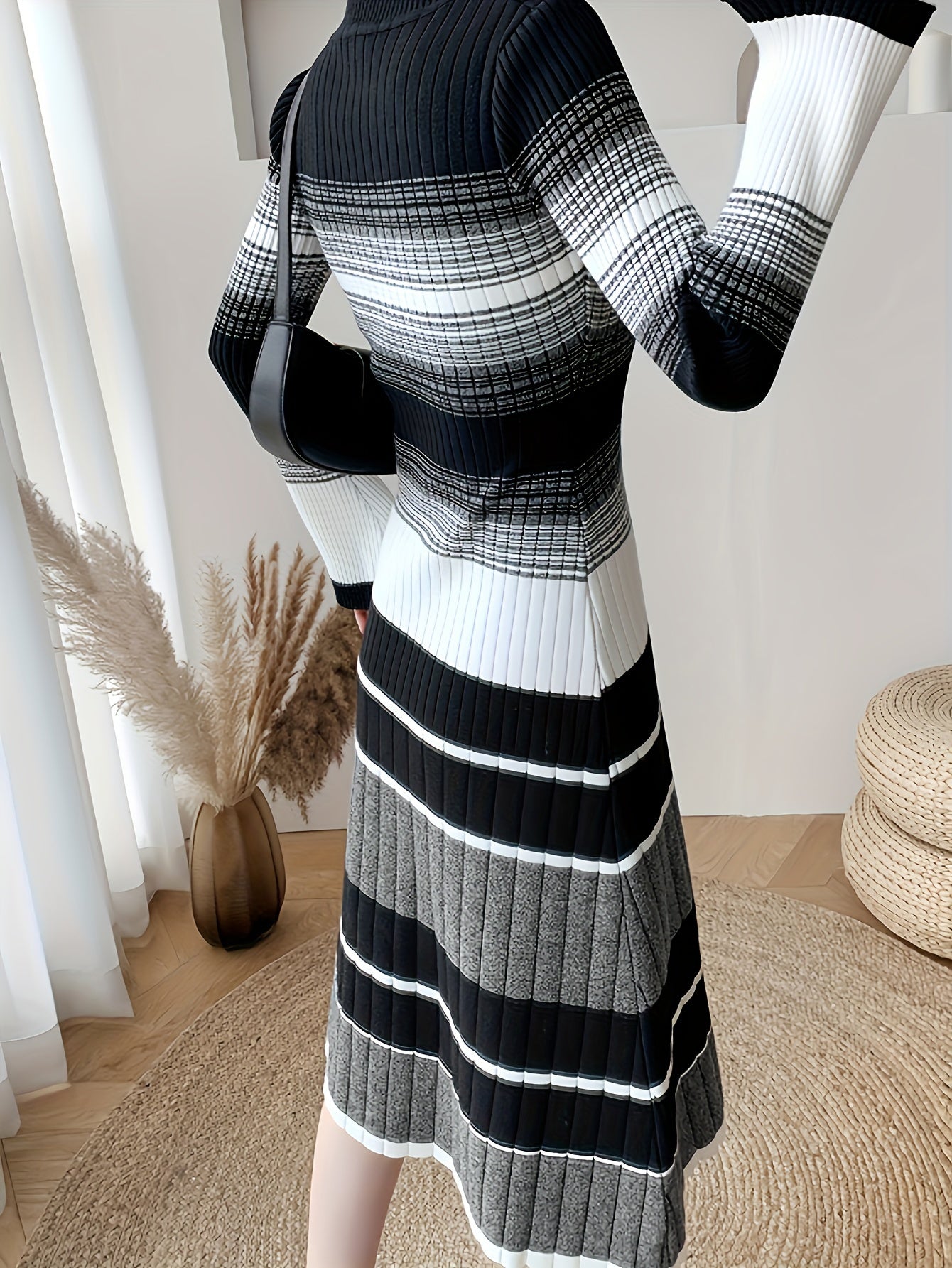Antmvs Striped Print Long Sleeve Knit Dress, Elegant Crew Neck A-line Dress, Women's Clothing