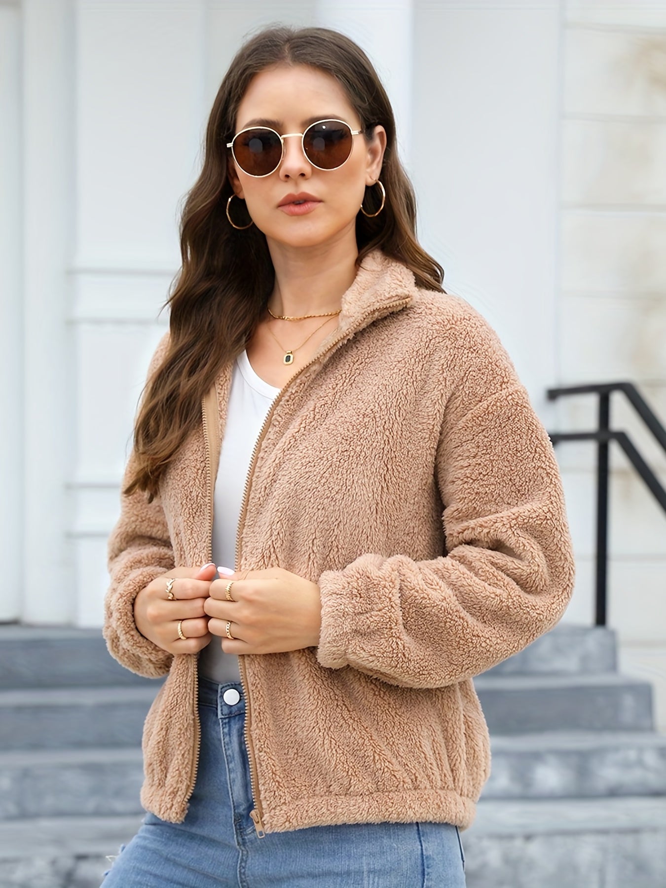 Antmvs Fuzzy Zip Up Jacket, Casual Long Sleeve Solid Outerwear, Women's Clothing