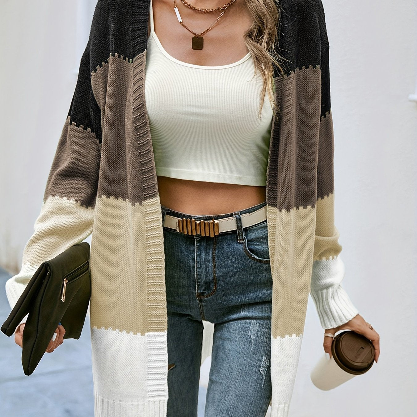 Antmvs V-neck Loose Striped Color Block Cardigans, Casual Drop Shoulder Long Sleeve Fall Winter Knit Cardigan, Women's Clothing