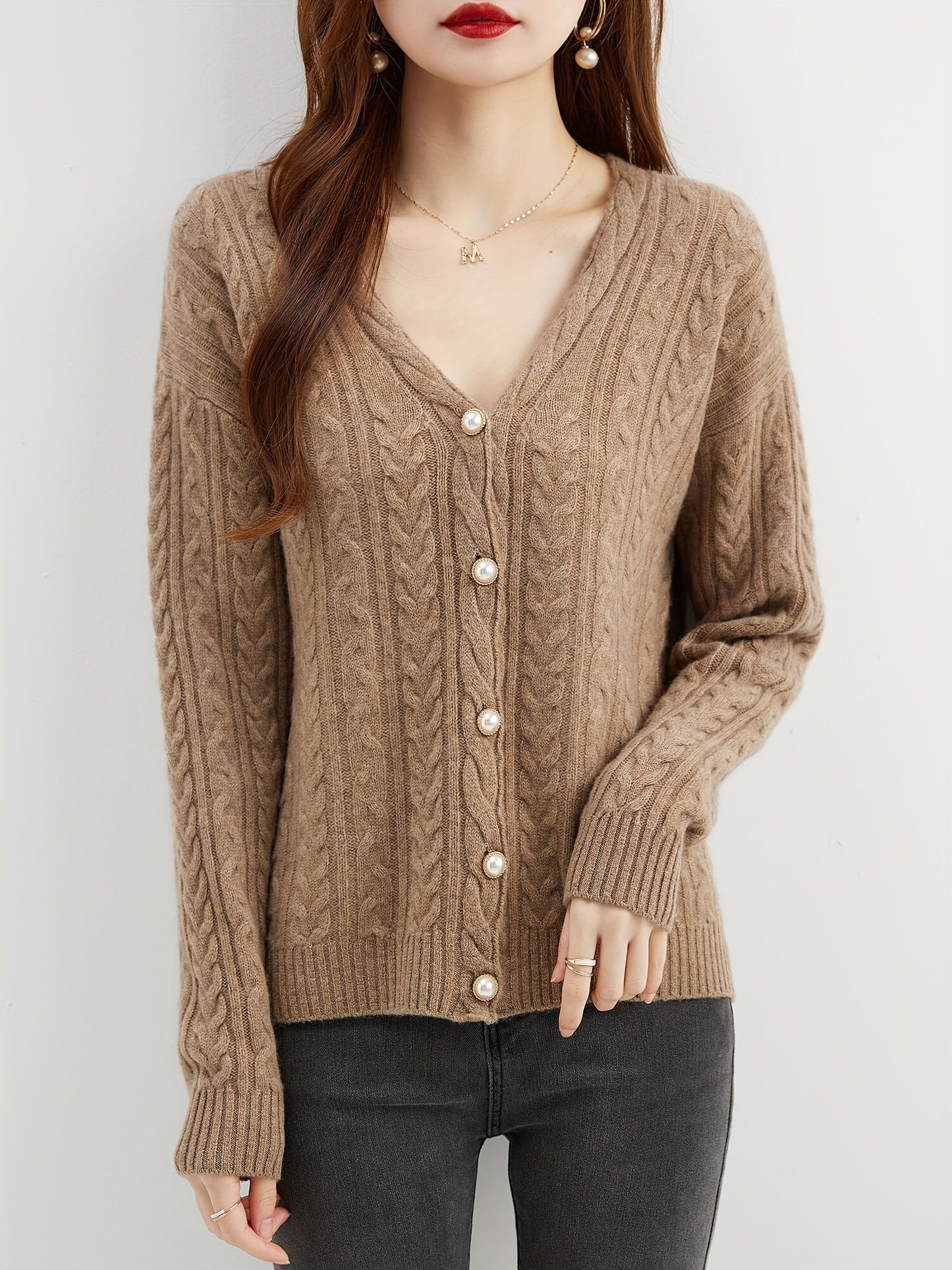 Antmvs Solid Button Down Wool Cable Knit Cardigan, Elegant V Neck Long Sleeve Cozy Sweater, Women's Clothing