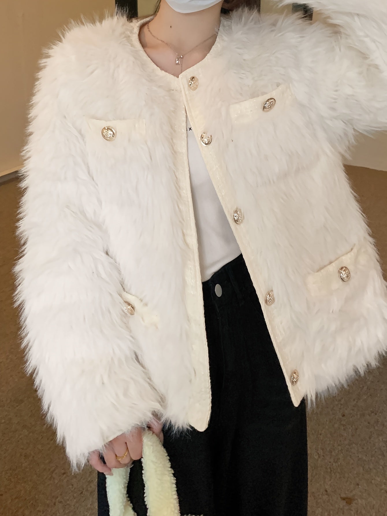 Antmvs Faux Fur Button Front Coat, Chic Thermal Long Sleeve Coat For Fall & Winter, Women's Clothing