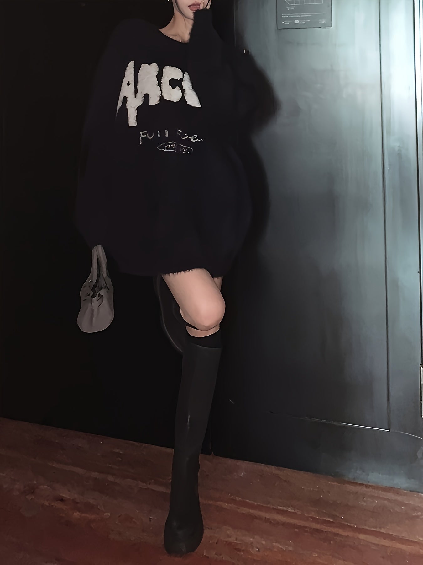 Antmvs Letter Pattern Crew Neck Fleece Sweater, Vintage Long Sleeve Oversized Pullover Sweater, Women's Clothing