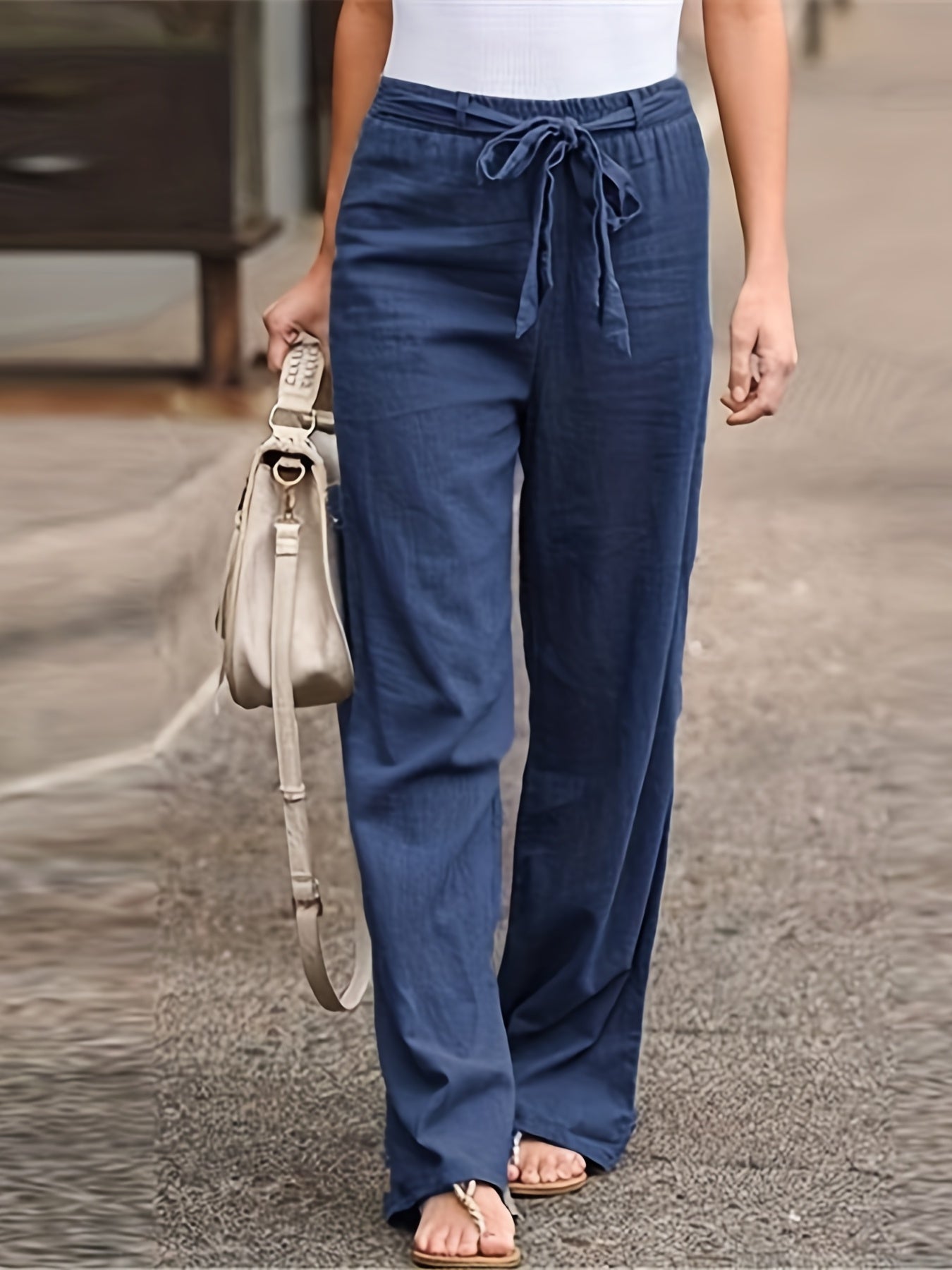 Antmvs Solid Tie Waist Pants, Casual High Waist Wide Leg Long Length Pants, Women's Clothing