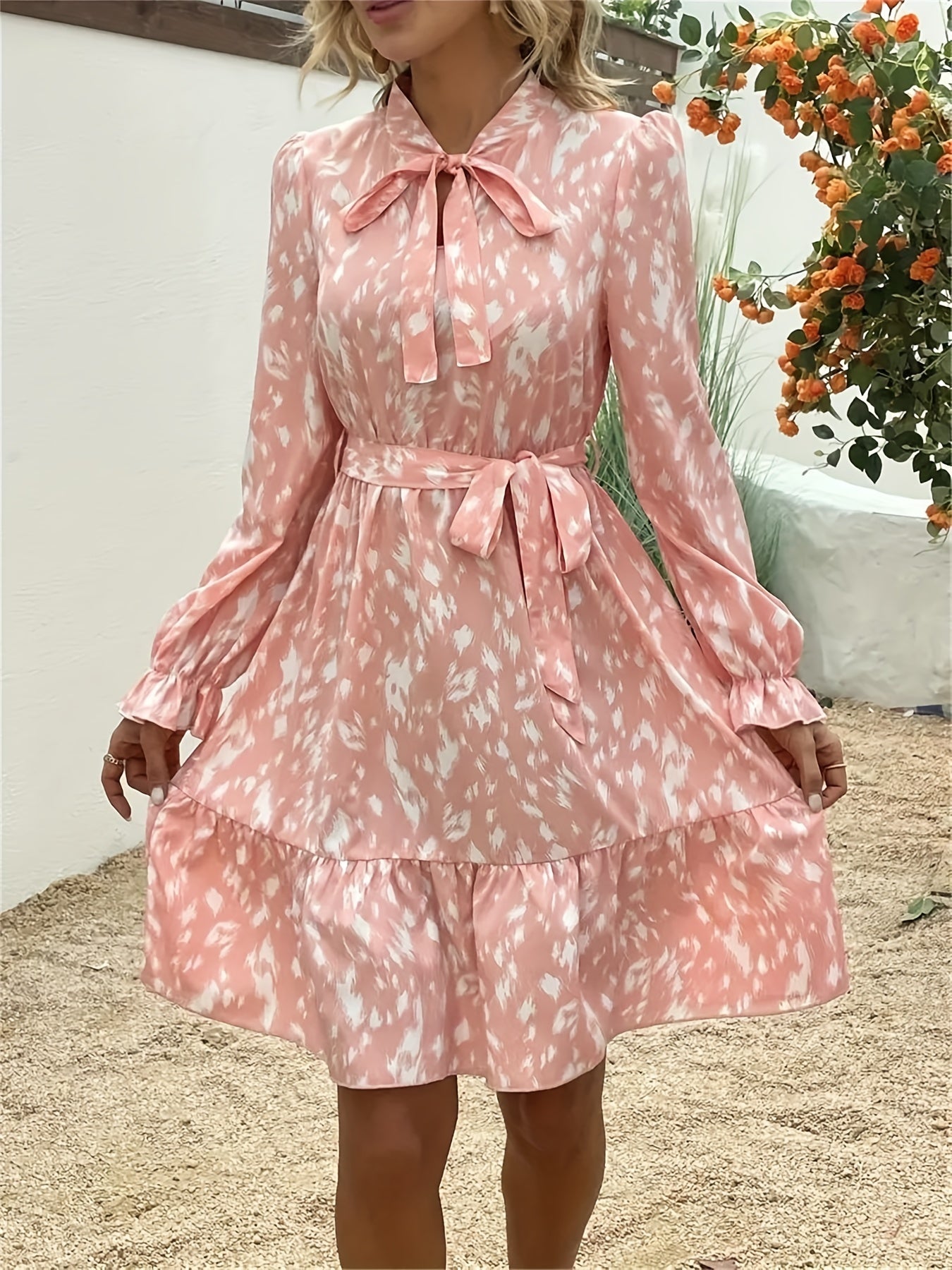 Antmvs Allover Print Tie Neck Dress, Boho Long Sleeve Ruffle Trim Dress, Women's Clothing