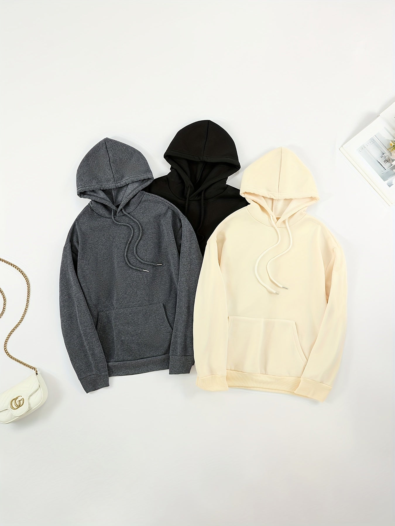 Antmvs 3pcs Solid Color Front Pocket Hooded Sweatshirts, Casual Loose Long Sleeve Sports Drawstring Hoodie, Women's Sporty Sweatshirts