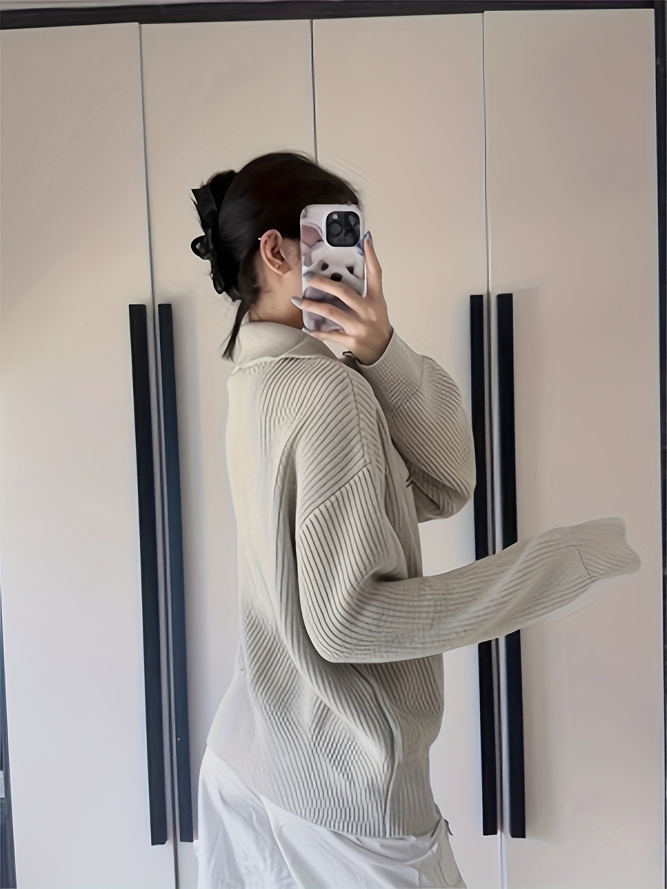 Antmvs Solid Zip Up Knit Cardigan, Casual Turndown Collar Long Sleeve Loose Sweater For Fall & Winter, Women's Clothing
