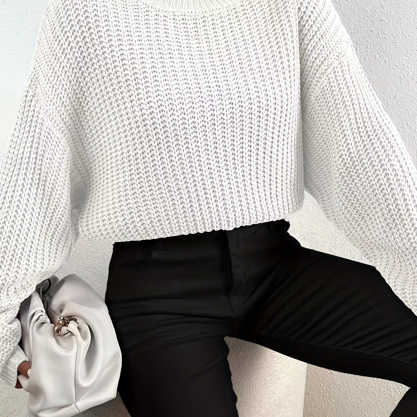 Antmvs Crew Neck Rib Knit Sweater, Casual Drop Shoulder Oversized Long Sleeve Loose Fall Winter Knit Sweater, Women's Clothing
