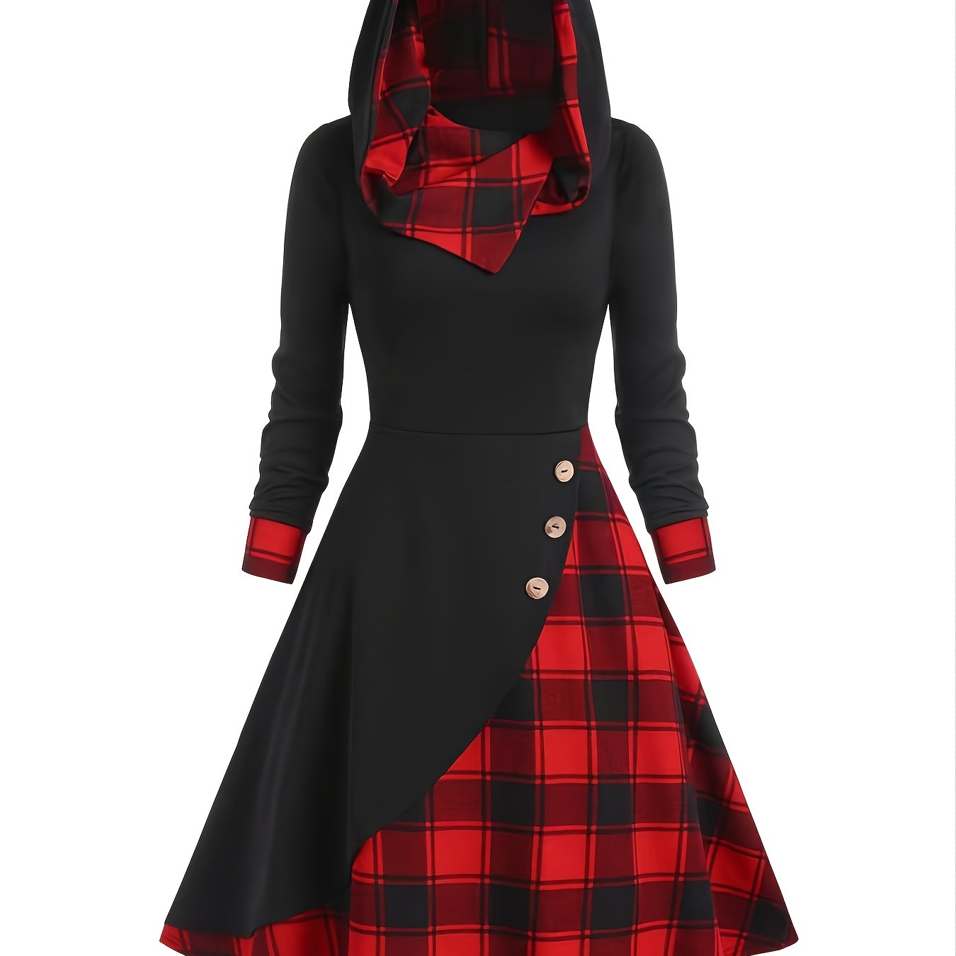 Antmvs Color Block Plaid Midi Dresses Sexy Nightclub Long Sleeve Hooded Cloak Hoodie Dress Victorian Pirate Millennial Frock
