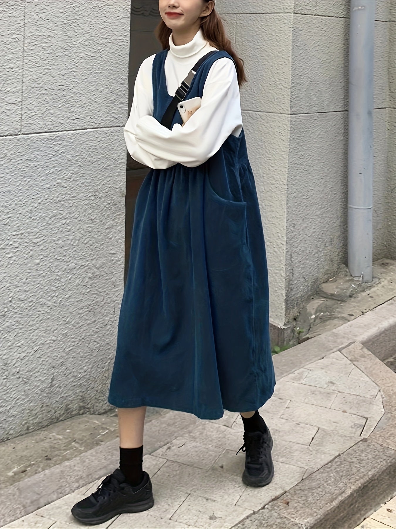 Antmvs Solid Loose Midi Dress, Casual Ruched Sleeveless Dress With Pockets, Women's Clothing