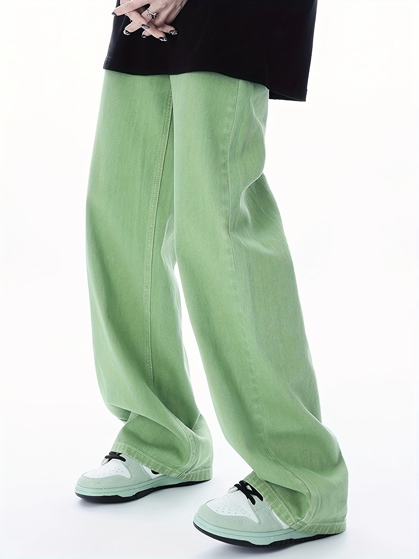 Antmvs Green Loose Fit Straight Jeans, Non-Stretch Slant Pockets Casual Wide Legs Jeans, Women's Denim Jeans & Clothing