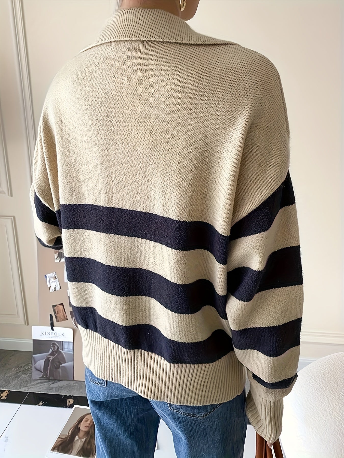 Antmvs Striped V Neck Pullover Sweater, Casual Long Sleeve Drop Shoulder Sweater, Women's Clothing