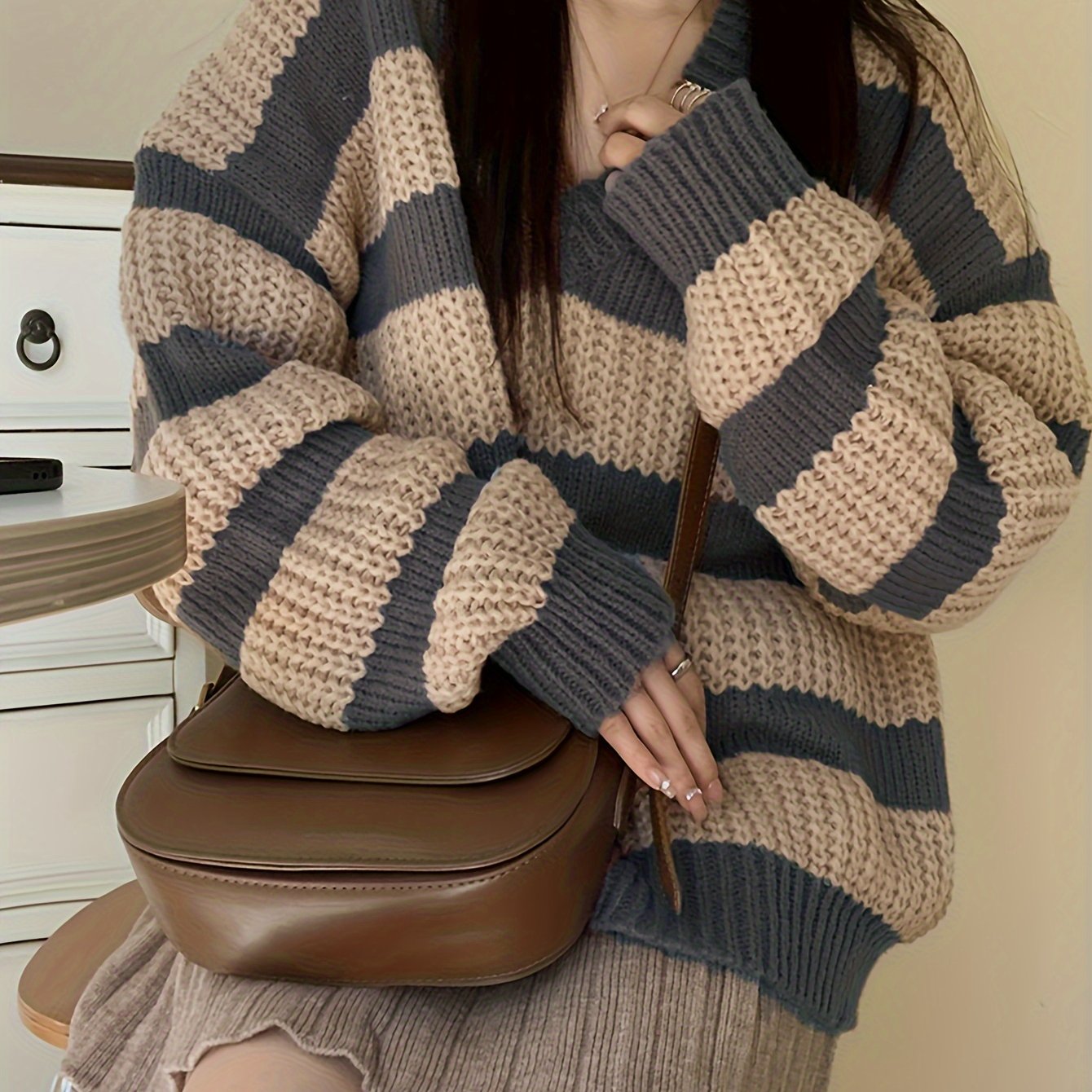 Antmvs Striped V Neck Pullover Sweater, Casual Long Sleeve Drop Shoulder Sweater, Women's Clothing