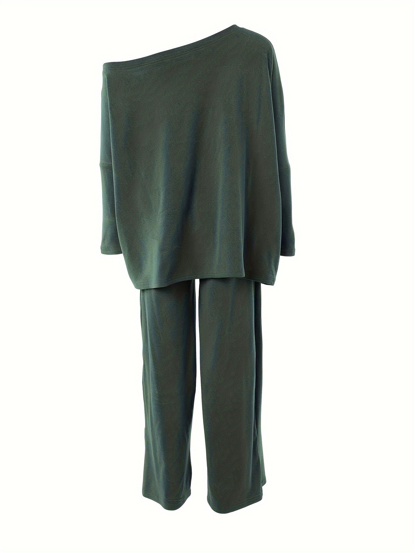 Antmvs Casual Solid Two-piece Set, One-shoulder Loose Top & Wide Leg Pants Outfits, Women's Clothing
