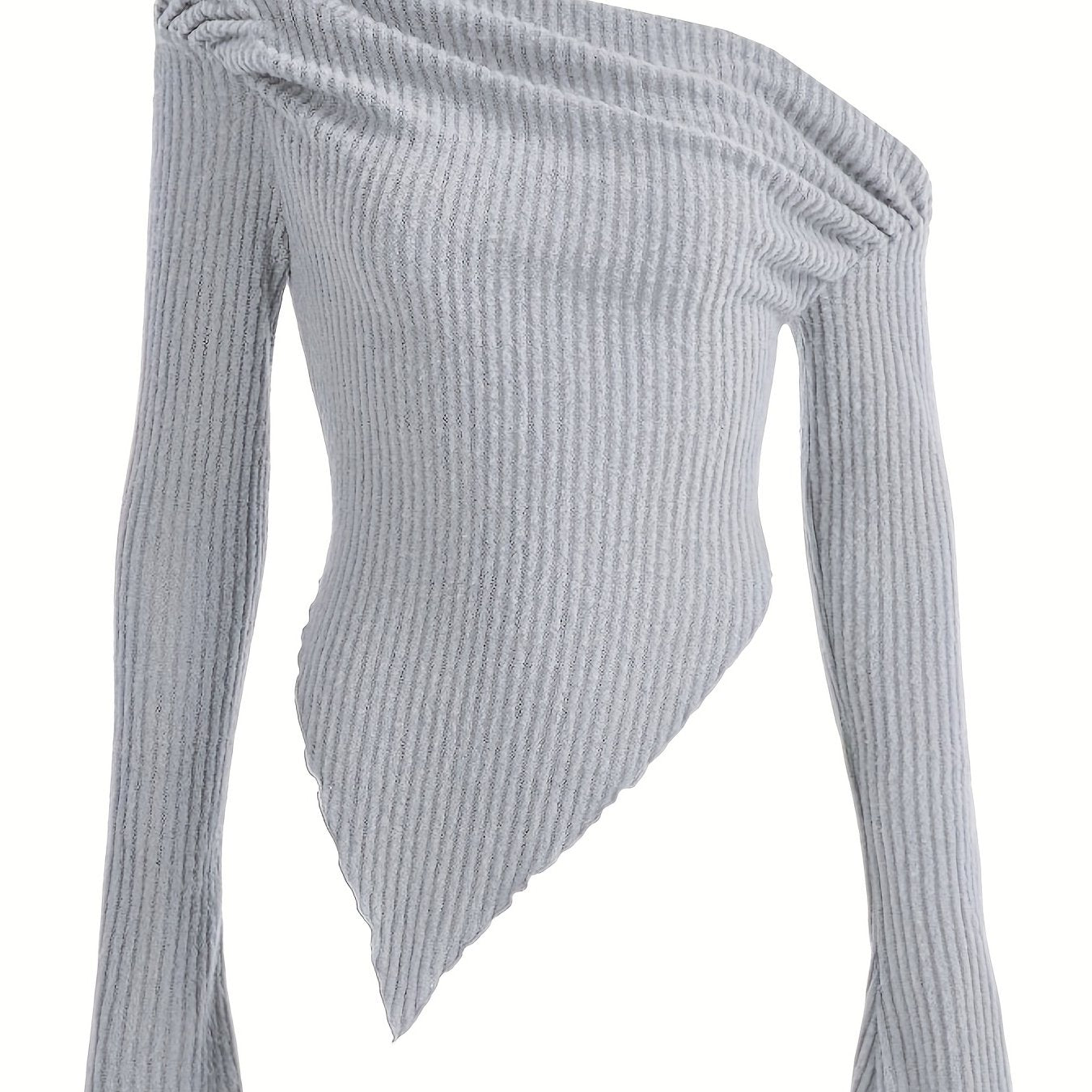Antmvs Solid Ruched Asymmetrical Neck T-Shirt, Casual Hanky Hem Long Sleeve Top For Spring & Fall, Women's Clothing