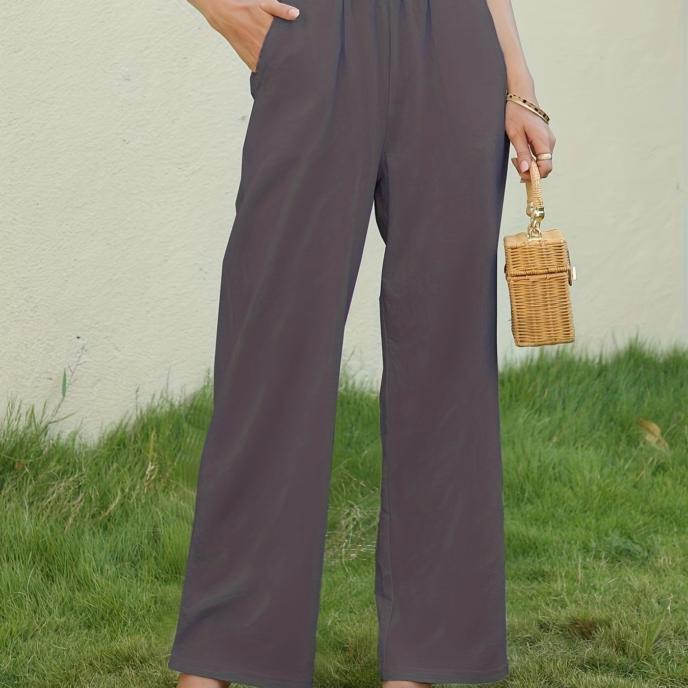 Antmvs Solid Wide Leg Elastic Waist Pants, Casual Dual Pockets Loose Pants, Women's Clothing