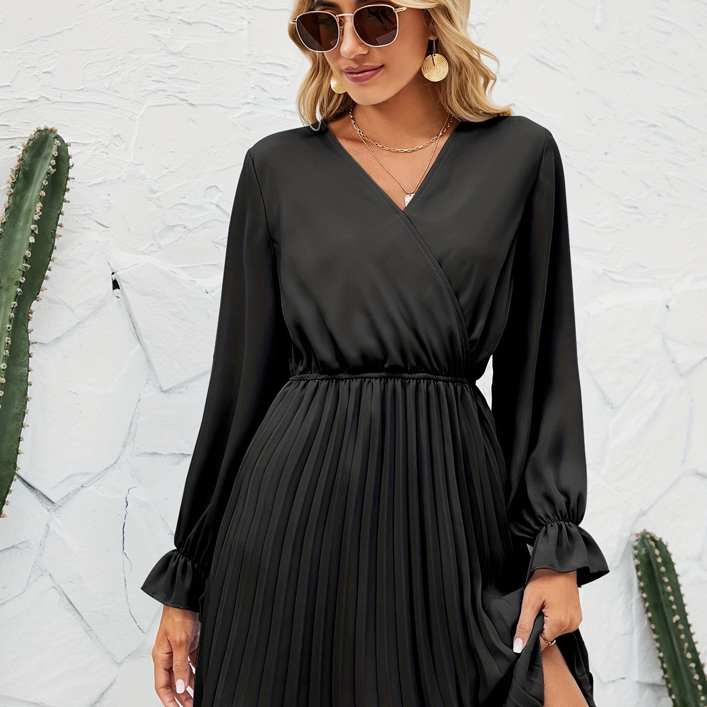 Antmvs Surplice Neck Pleated Dress, Elegant Long Sleeve Dress For Spring & Fall, Women's Clothing