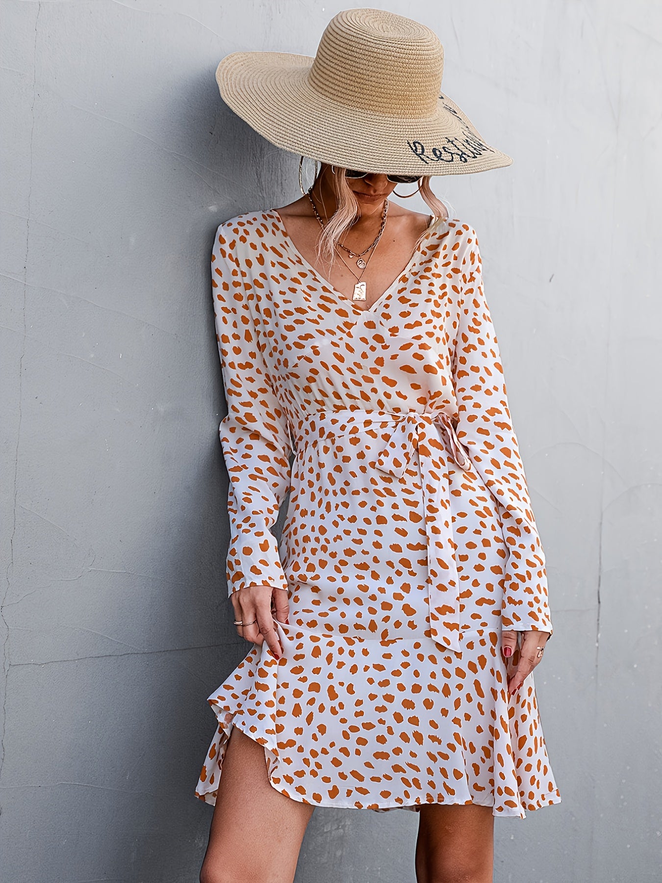 Antmvs Bohemian Bow Dress, Casual Dot Print Puff Long Sleeve V Neck Tie Loose Waist Dresses, Women's Clothing