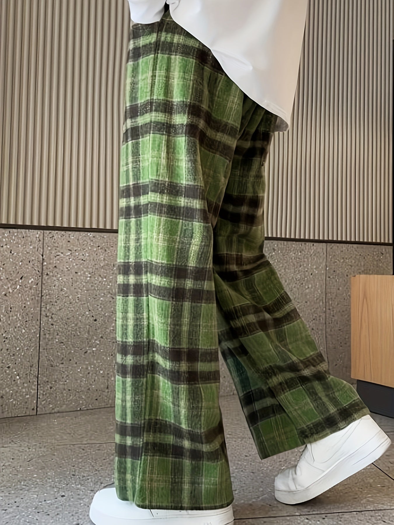 Antmvs Plaid Pattern Drawstring Pants, Vintage Wide Leg Pants For Spring & Fall, Women's Clothing