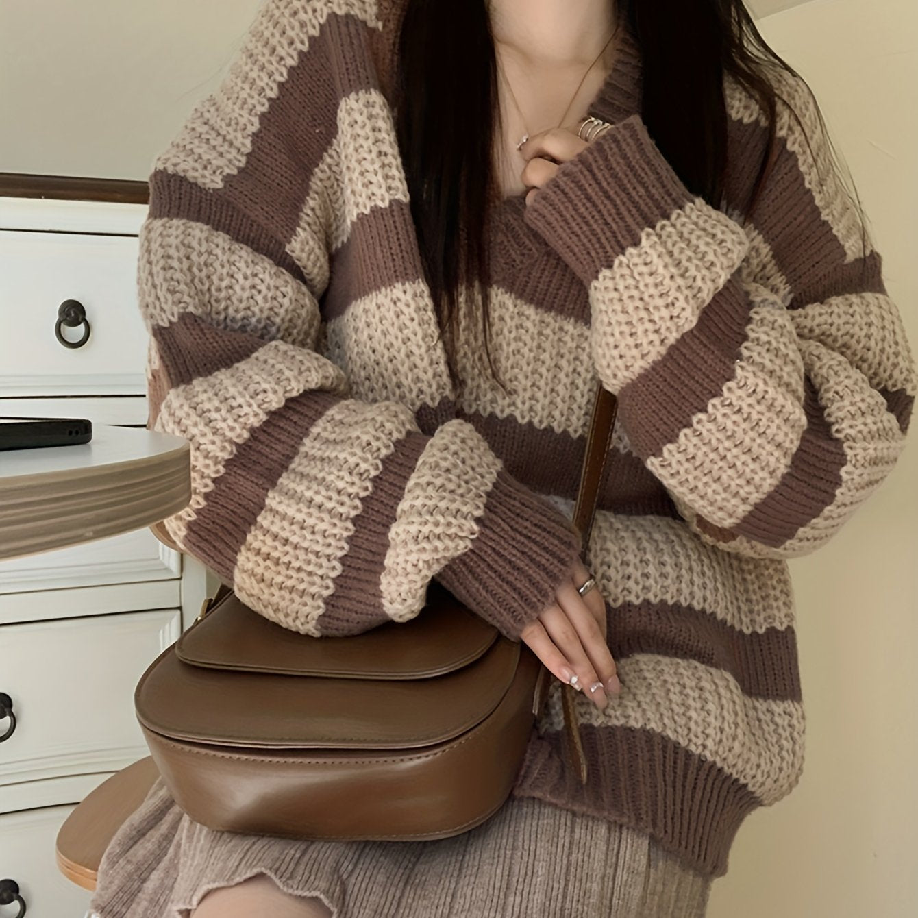 Antmvs Striped V Neck Pullover Sweater, Casual Long Sleeve Drop Shoulder Sweater, Women's Clothing