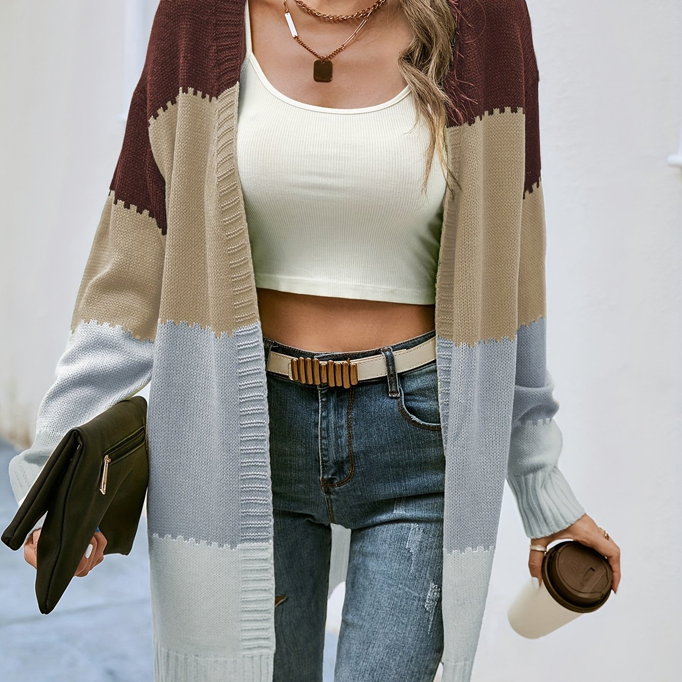 Antmvs V-neck Loose Striped Color Block Cardigans, Casual Drop Shoulder Long Sleeve Fall Winter Knit Cardigan, Women's Clothing