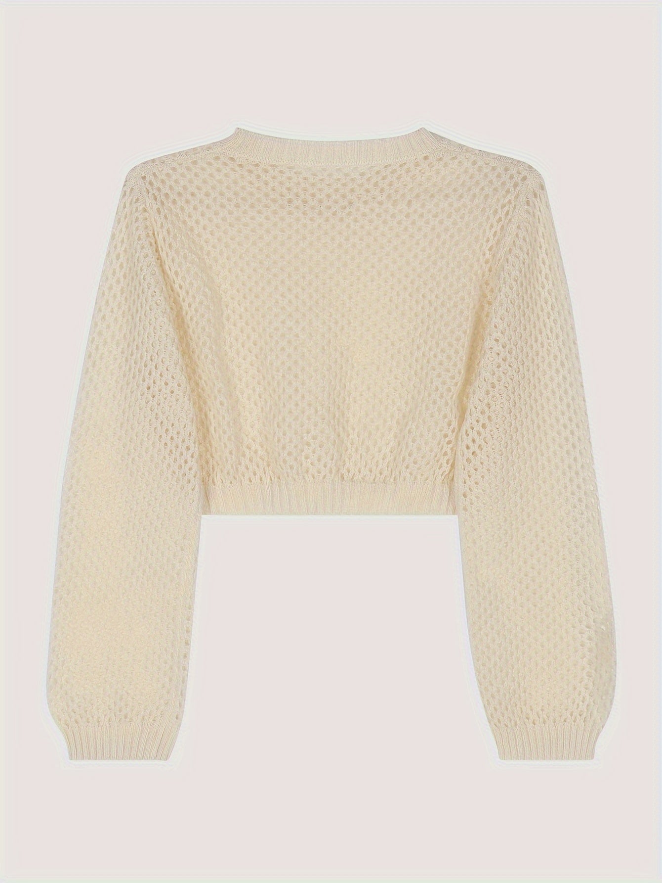 Antmvs Solid Hollow Out Crochet Coverup, Elegant Long Sleeve Crop Top For Spring & Summer, Women's Clothing
